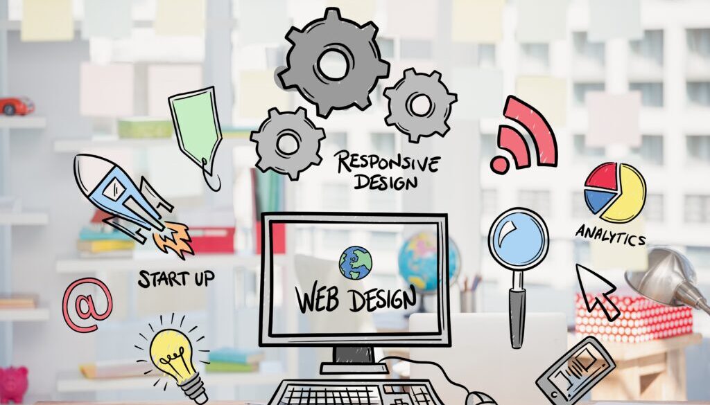 digital composite of business graphics with office background